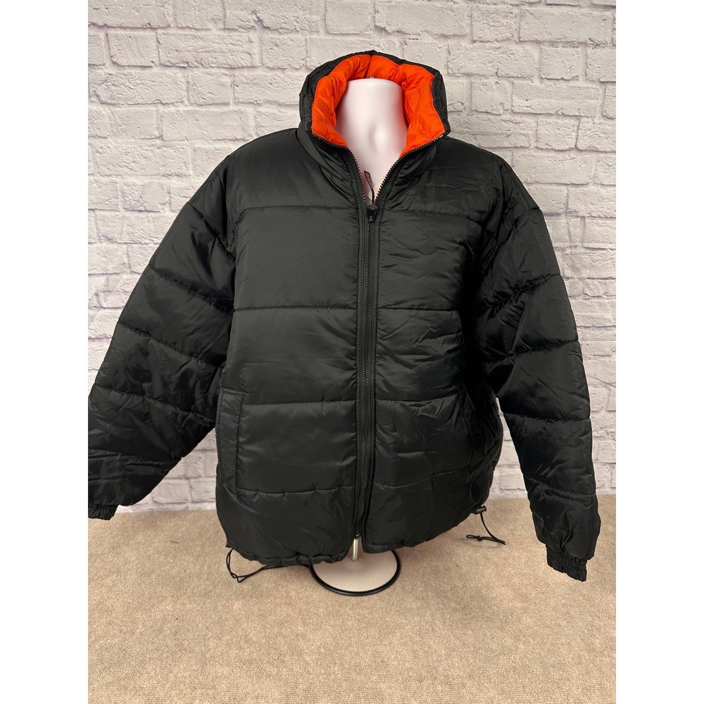 POP Vintage Y2K XL Reversible Puffer Jacket Black Orange Water Resistant